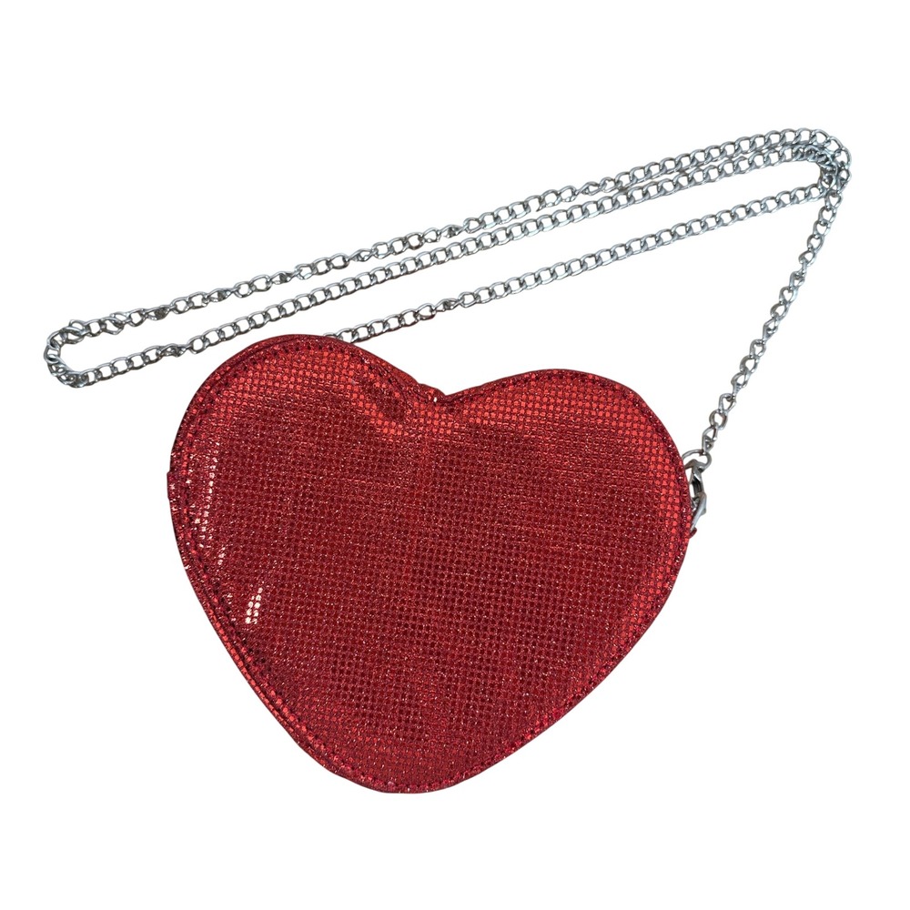 SHEIN Red Glitter Heart Shaped Crossbody Bag Silver Chain Strap Novelty Purse